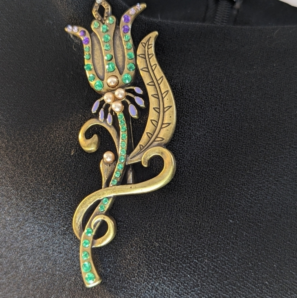 💜 💚 Vintage Style Rhinestone tulip Flower brooch pin pendant tarnished gold